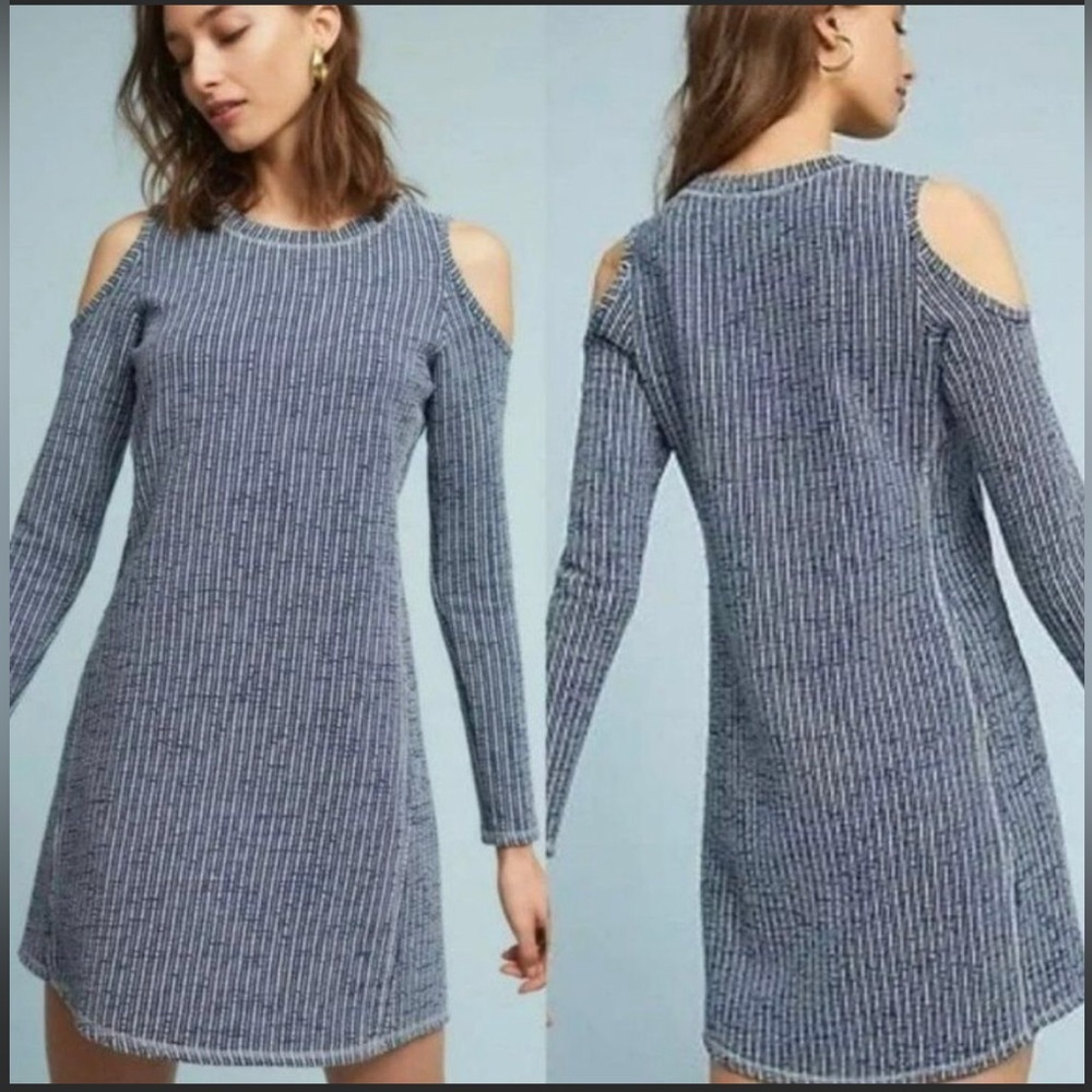 Sol Angeles Blue White Stripe Mini Dress Cold Shoulder Long Sleeve Fall Casual